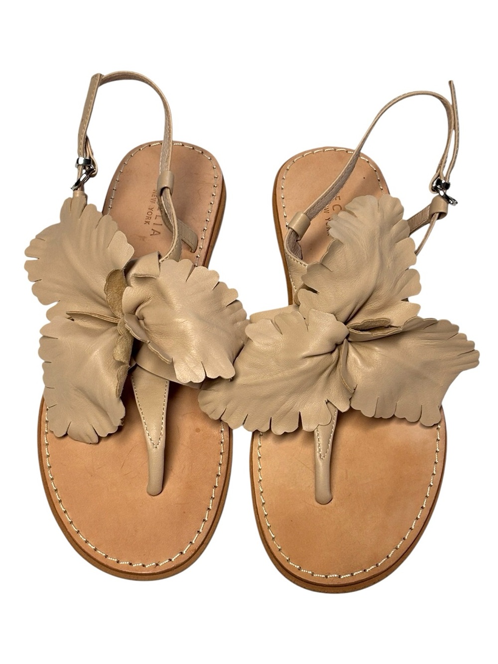 Last day! Cecelia NY Nude Leather 3D Flower Petal Ankle Strap Flat Sandals